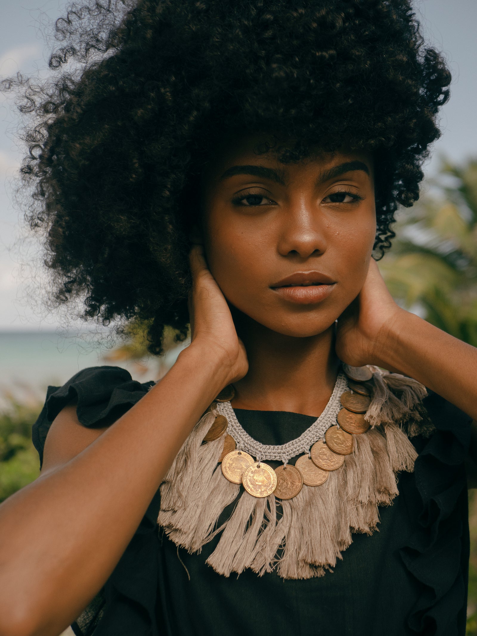 Daniela Bustos Maya, coin necklace, handmade necklace, coin jewelry, tulum jewelry, tulum style, tulum outfit, tulum vibes outfit, tulum clothing, tulum dress, gold coins necklace