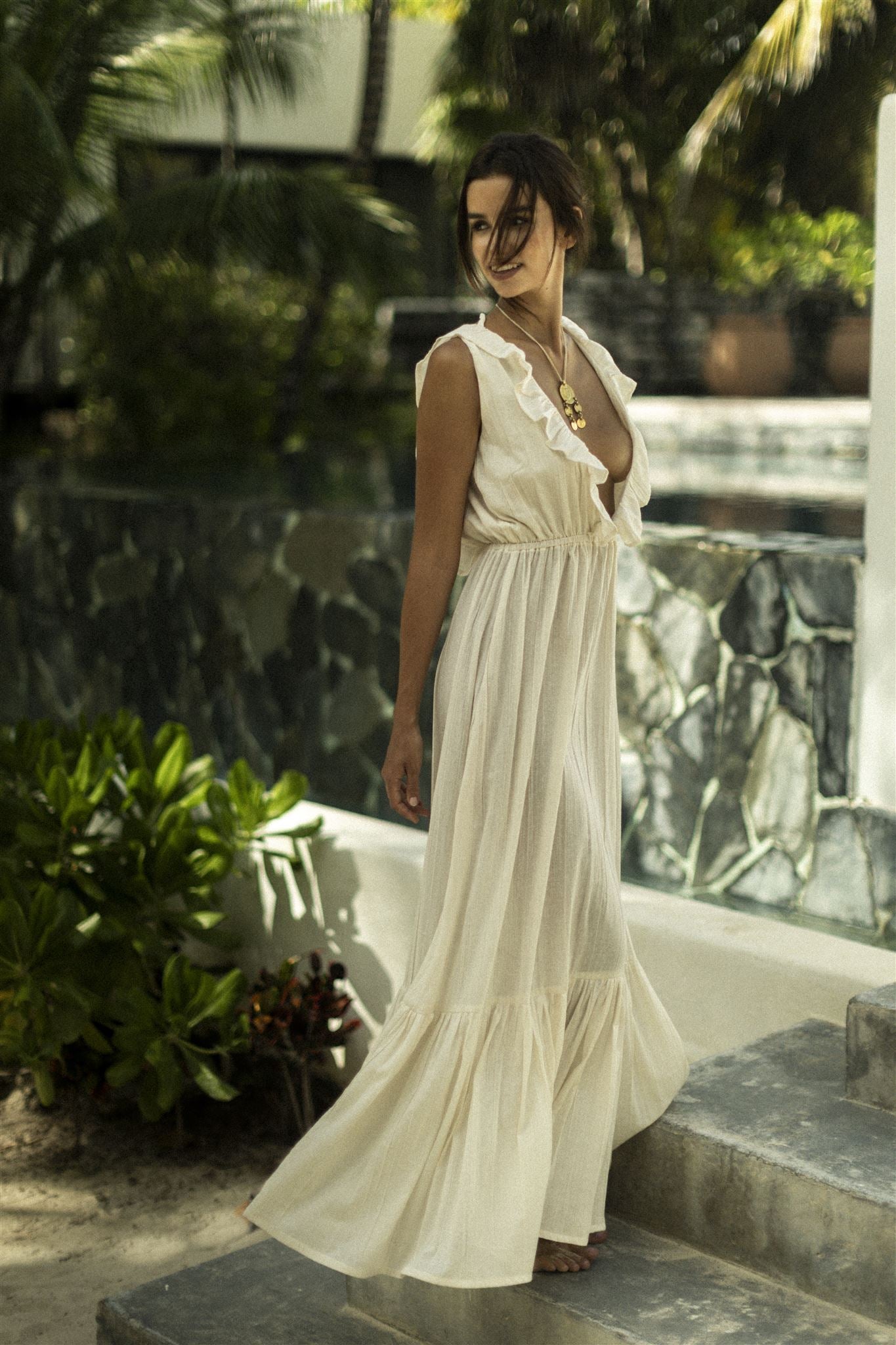 V-neckline Ruffle Maxi Dress | FLOR DE MAYO