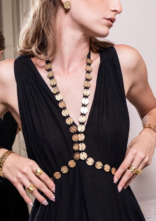 Daniela Bustos Maya, coin necklace, handmade necklace, coin jewelry, tulum jewelry, tulum style, tulum outfit, tulum vibes outfit, tulum clothing, tulum dress, gold coins necklace