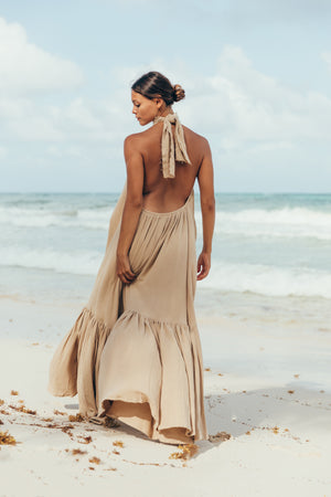 halter dress, beach maxi dress, ruffle maxi dress, tulum dress, low back dress, backless dress, evening maxi dress, tulum clothing, tulum shop, high-neck halter maxi dress