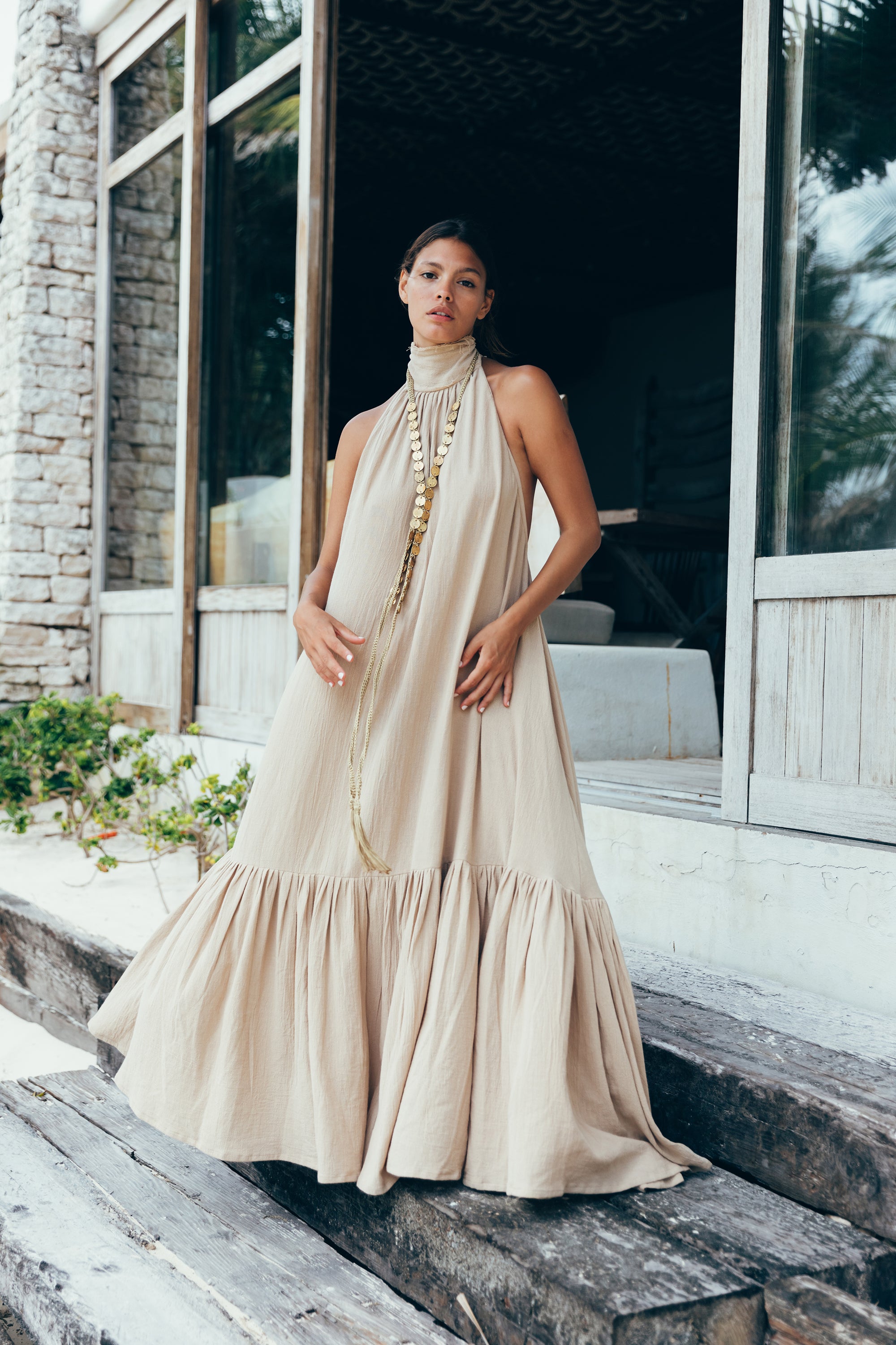 halter dress, beach maxi dress, ruffle maxi dress, tulum dress, low back dress, backless dress, evening maxi dress, tulum clothing, tulum shop, high-neck halter maxi dress