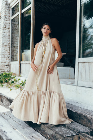halter dress, beach maxi dress, ruffle maxi dress, tulum dress, low back dress, backless dress, evening maxi dress, tulum clothing, tulum shop, high-neck halter maxi dress