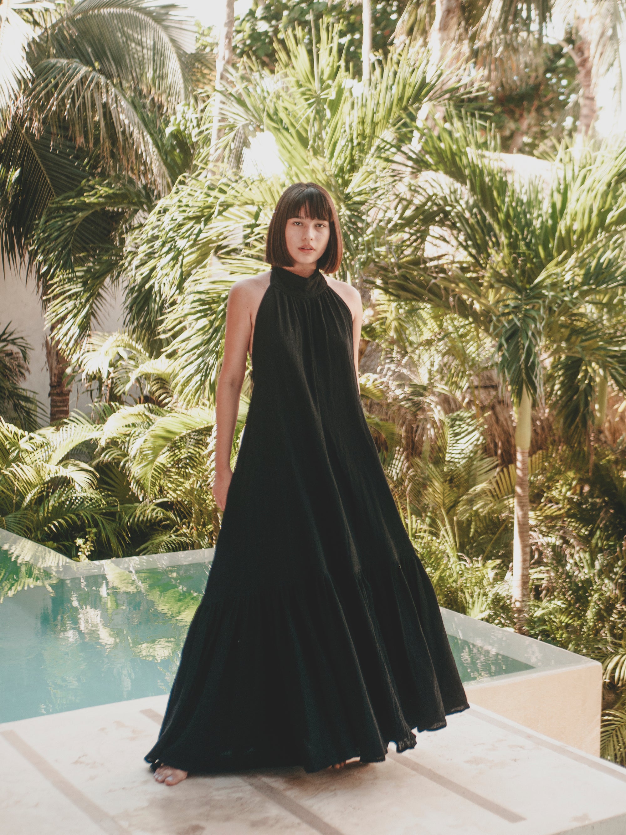 halter dress, beach maxi dress, ruffle maxi dress, tulum dress, low back dress, backless dress, evening maxi dress, tulum clothing, tulum shop, high-neck halter maxi dress