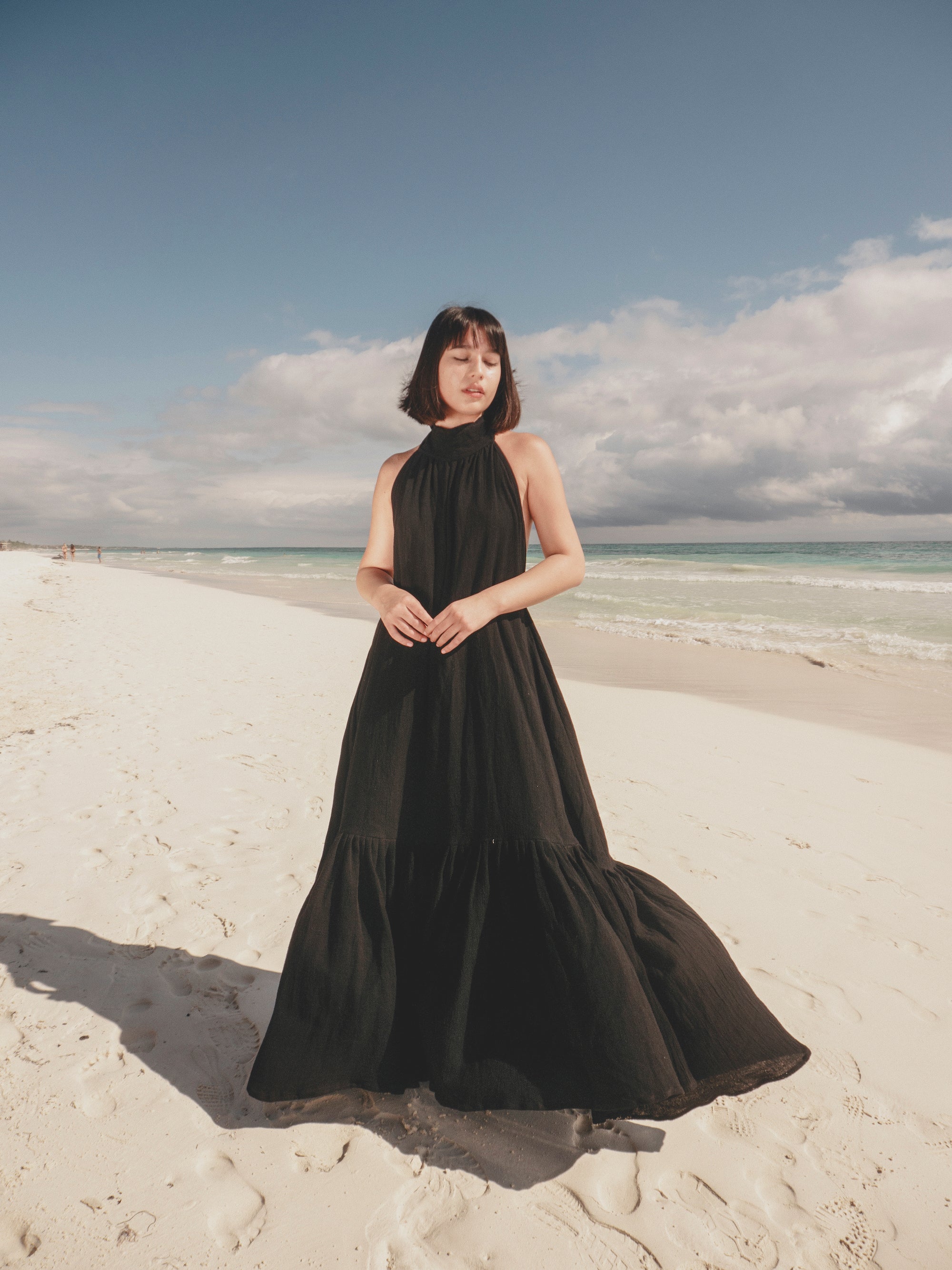 halter dress, beach maxi dress, ruffle maxi dress, tulum dress, low back dress, backless dress, evening maxi dress, tulum clothing, tulum shop, high-neck halter maxi dress