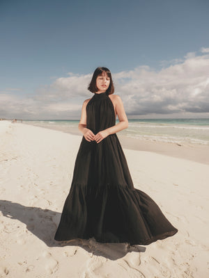 halter dress, beach maxi dress, ruffle maxi dress, tulum dress, low back dress, backless dress, evening maxi dress, tulum clothing, tulum shop, high-neck halter maxi dress