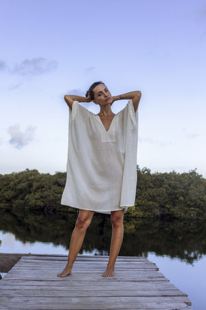 Boho chic, handmade cotton tunic kaftan. Light, loose, and 100% crafted in Tulum, relaxed luxury. Soft natural cotton fabric, Tulum clothing, Tulum kaftan, Tulum linen tunic, Beach kaftan, Beach cotton caftan, Beach maxi dress.