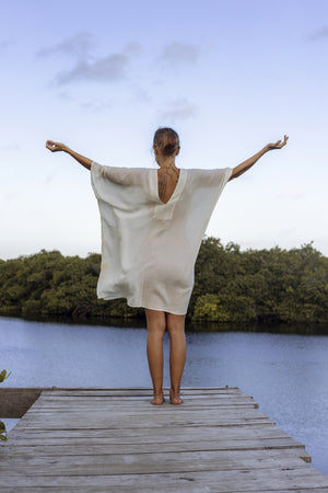 Boho chic, handmade cotton tunic kaftan. Light, loose, and 100% crafted in Tulum, relaxed luxury. Soft natural cotton fabric, Tulum clothing, Tulum kaftan, Tulum linen tunic, Beach kaftan, Beach cotton caftan, Beach maxi dress.